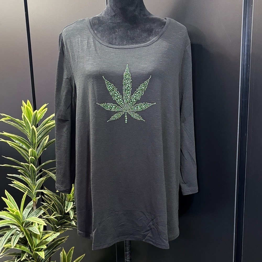 Robert Louis Rhinestone Cannabis/Weed,scoop neck, lightweight pull over